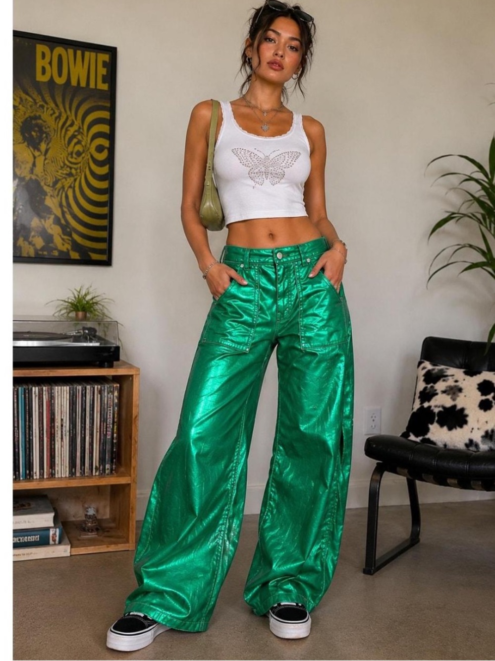 NWOT We The Free Moxie Metallic Emerald Barrel Jeans 30”